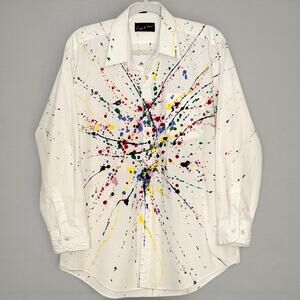 Vintage Rene De France Paint Splatter Rhinestone Shirt Y2K Artwear Mens 16/33 L